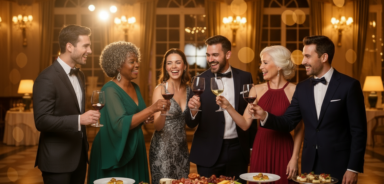 一場品酒聚會,人們暢飲美酒享受美食,氣氛輕鬆愉快,電影級的打光,寫實高畫質